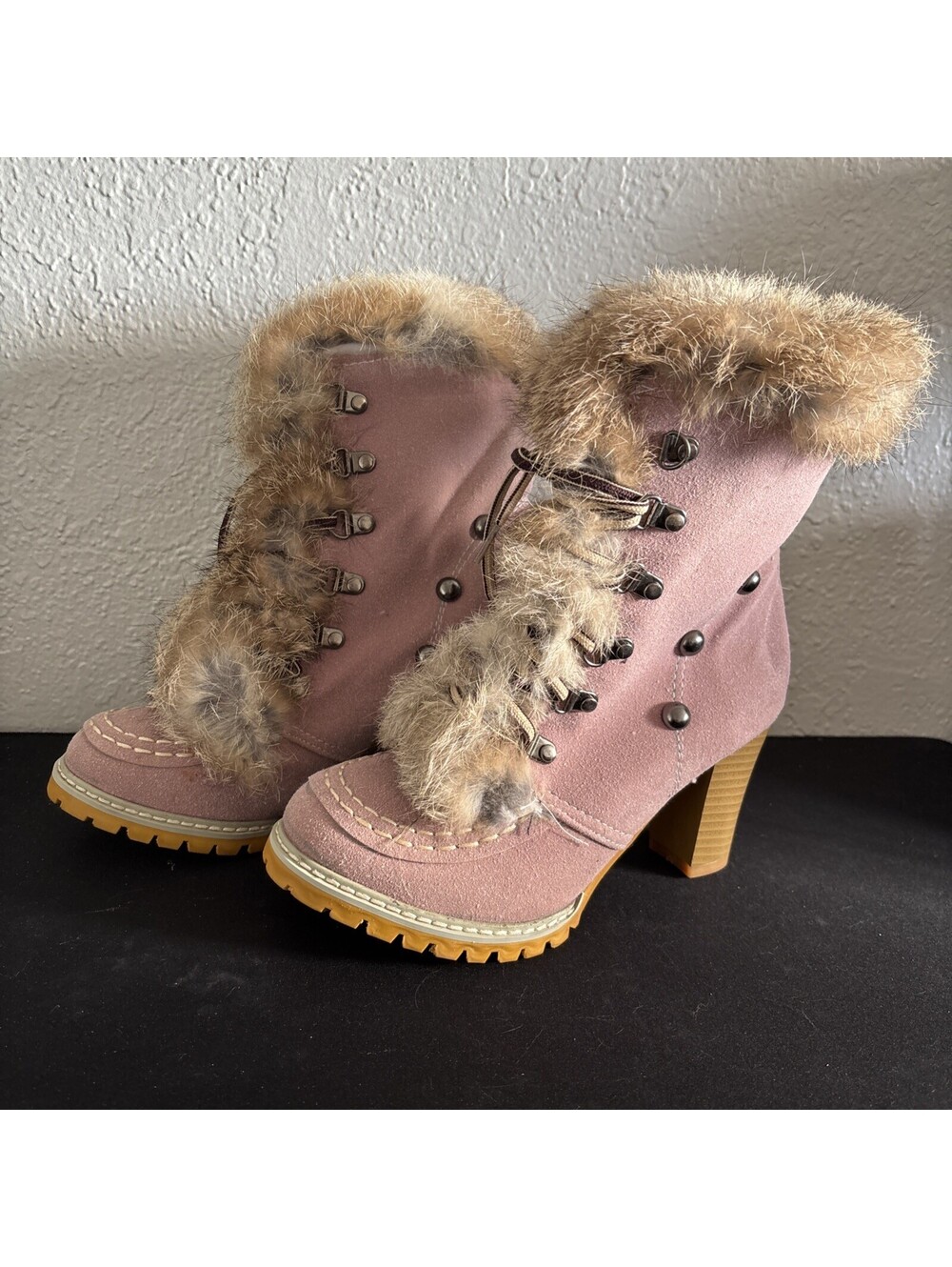 Pink Suede Faux Fur Heeled Boots Lace Up Booties Y2K Size 7